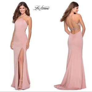 LA FEMME High Neckline Gown with Rhinestone Straps